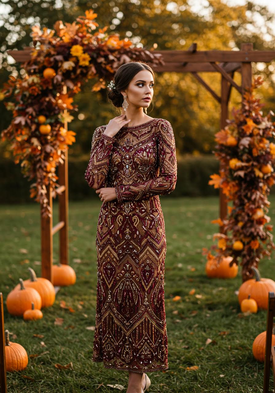 Glamorous wedding guest in beaded sequin dress at formal ceremony setup