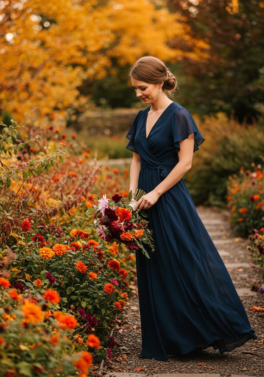 Wedding guest pausing to admire flowers while wearing navy wrap dress in garden