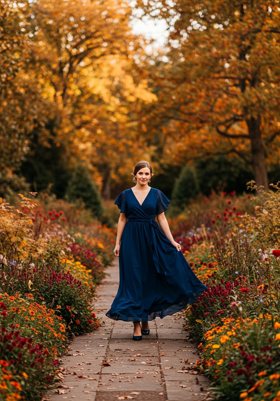 Elegant woman in navy wrap dress strolling through autumn garden pathway