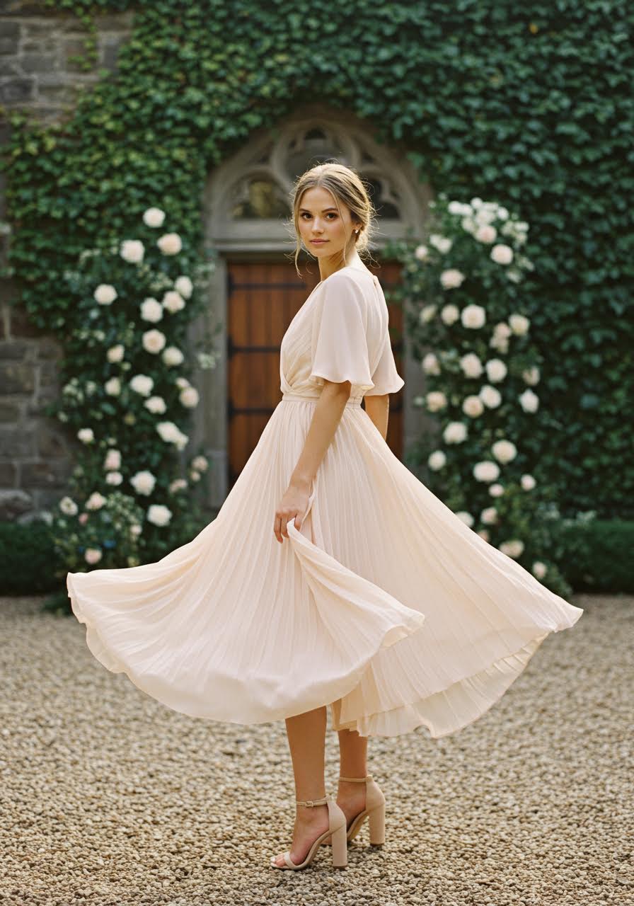 Elegant woman in blush pink pleated midi dress within formal garden courtyard