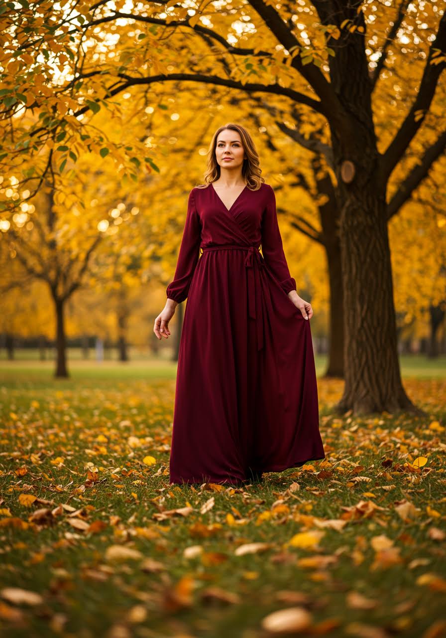 Wedding guest walking gracefully through forest in flowing burgundy maxi dress
