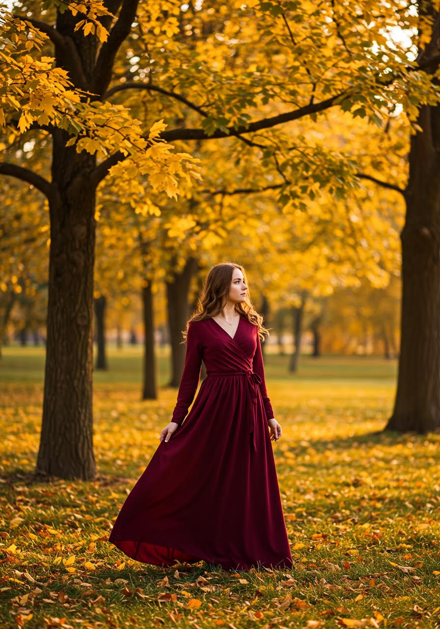 Ethereal portrait of woman in burgundy maxi dress among golden autumn trees