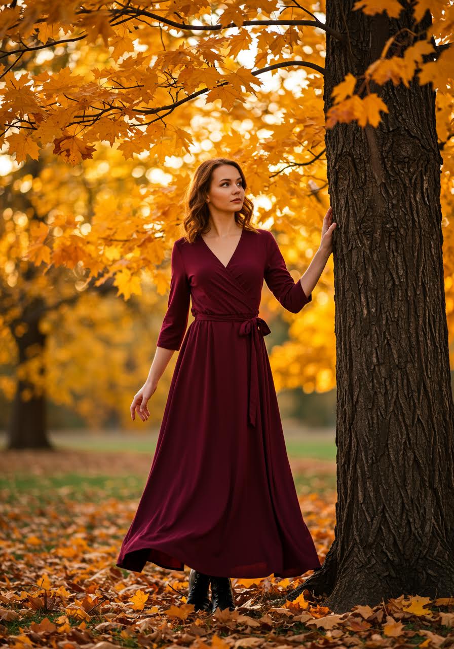 Elegant woman in flowing burgundy wrap dress among golden maple trees