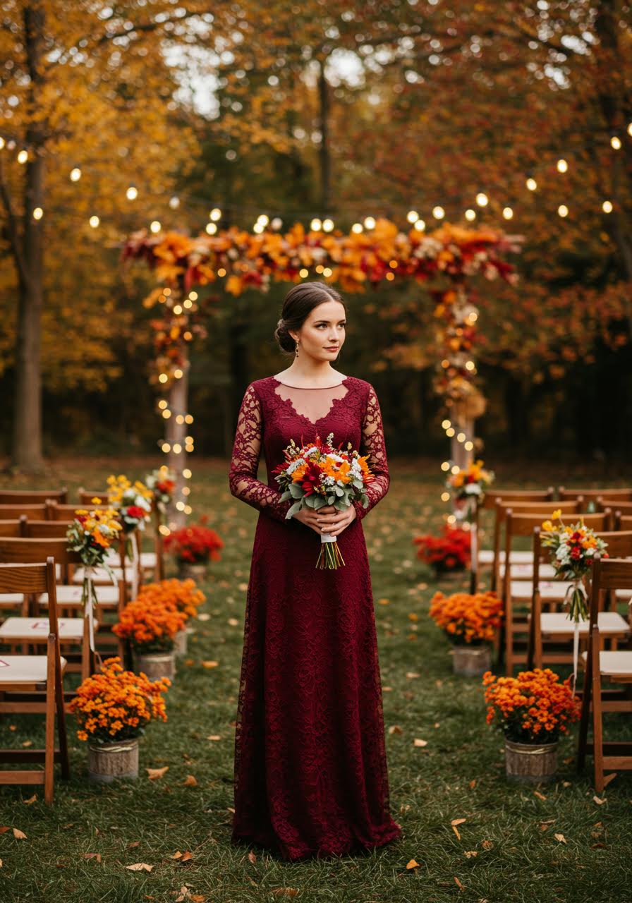 Wedding guest in burgundy lace long sleeve dress standing during outdoor ceremony