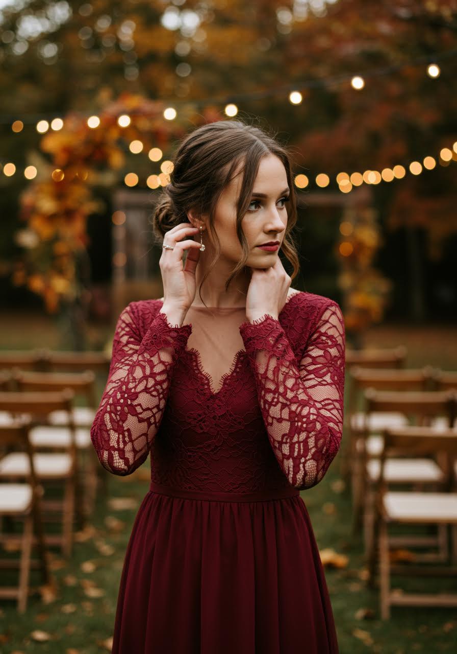 Portrait focusing on hair and neckline details of burgundy lace long sleeve dress