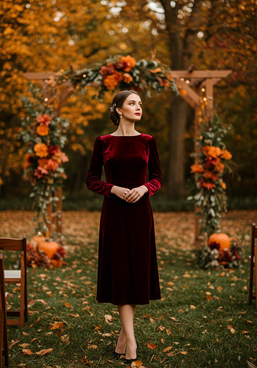 Full-body portrait of wedding guest wearing burgundy velvet dress in autumn setting