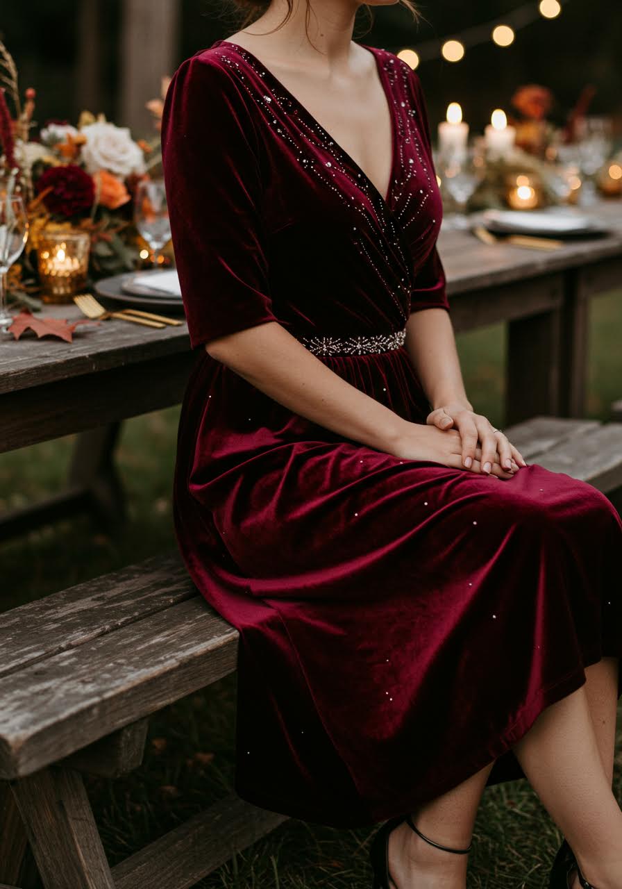 Woman seated on bench wearing burgundy dress with subtle sparkle details