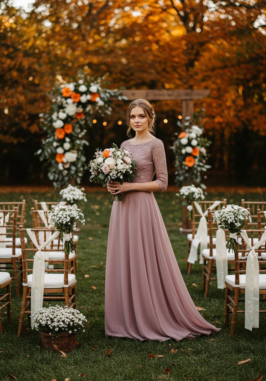 Elegant wedding guest in dusty rose A-line dress at outdoor ceremony venue