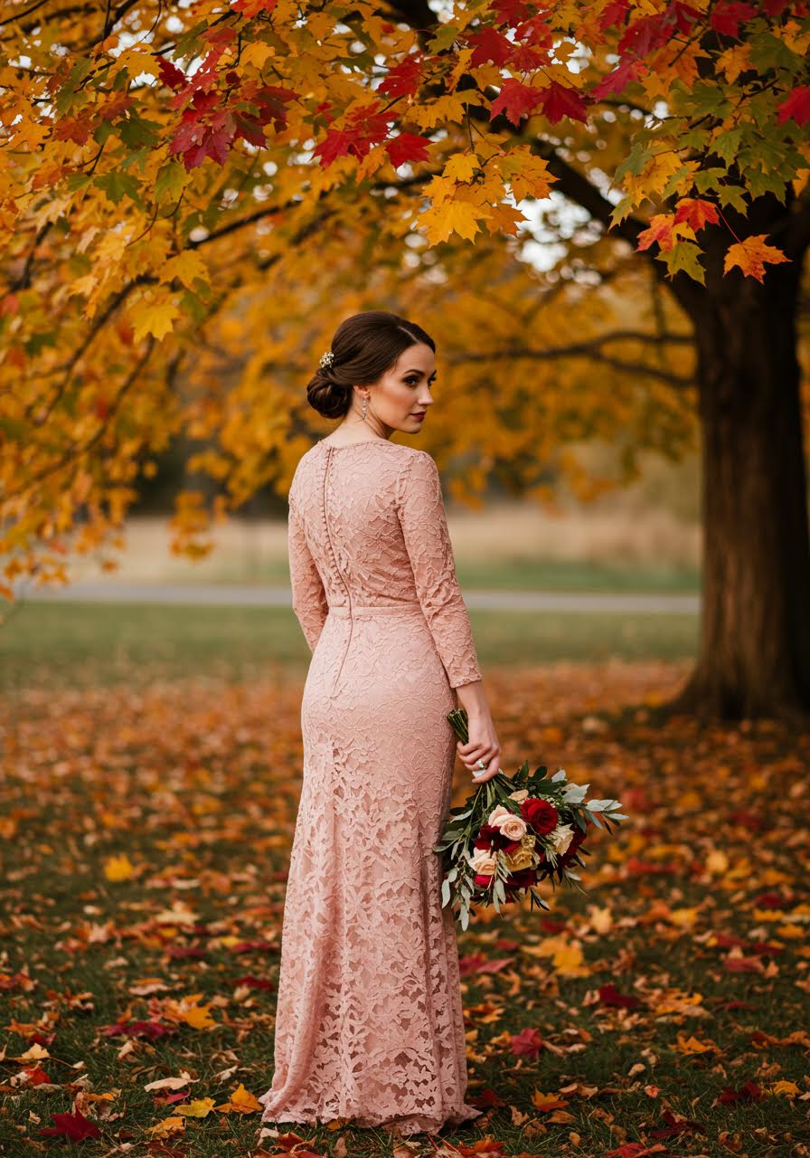 Romantic portrait of wedding guest in dusty rose lace dress against maple tree backdrop