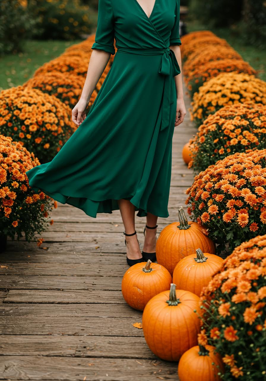 Woman admiring autumn pumpkin display while wearing emerald wrap dress