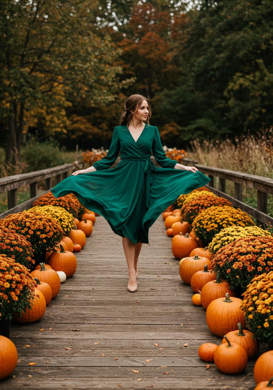 Wedding guest in emerald wrap dress walking along pumpkin-lined autumn pathway