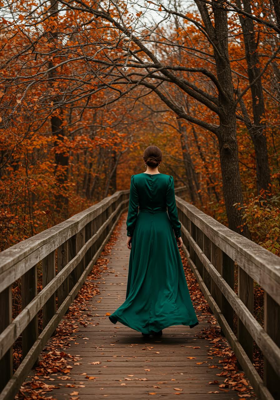 Woman in emerald green maxi dress walking along wooden boardwalk in autumn setting