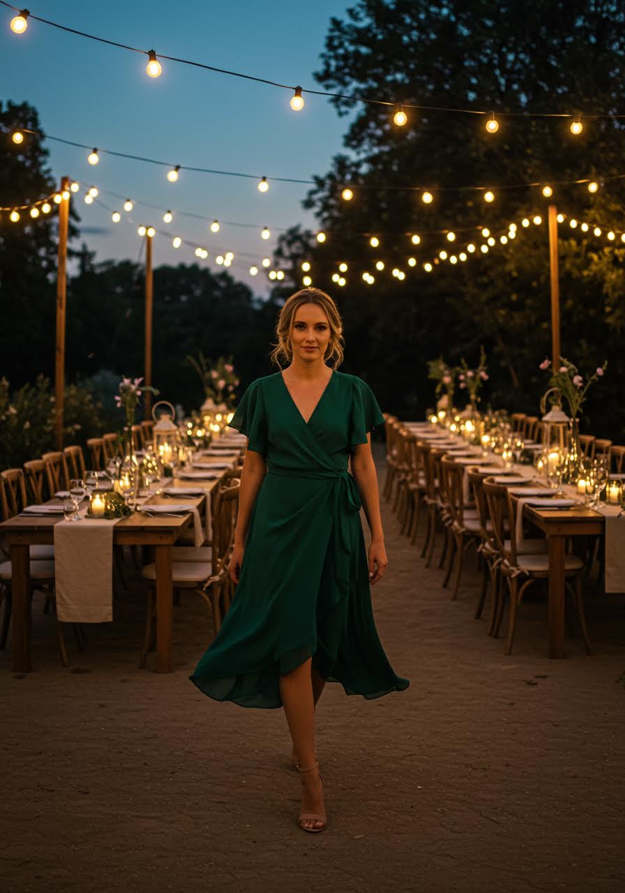 Wedding guest in emerald green wrap midi dress walking through twilight reception venue