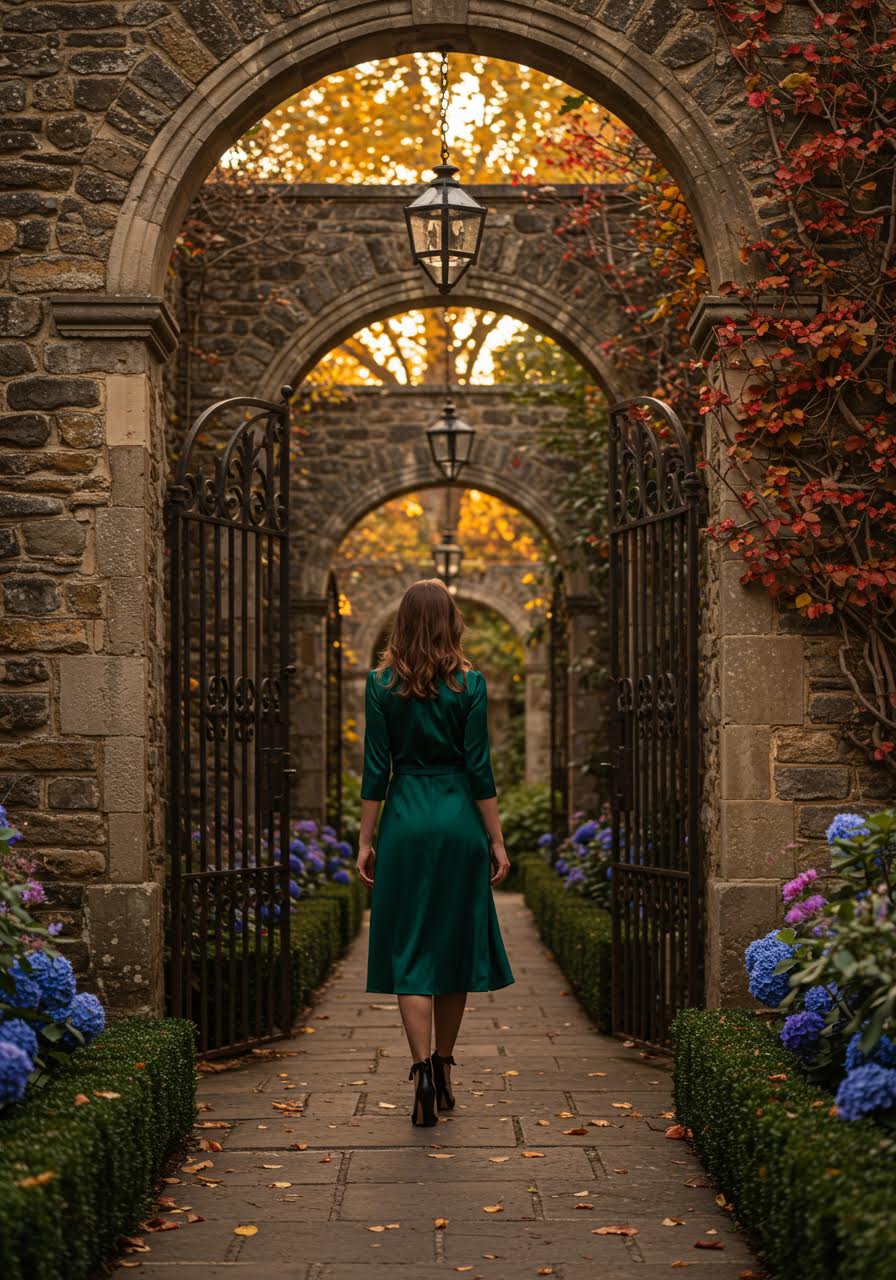 Wide angle view of wedding guest in emerald silk dress within elegant courtyard space