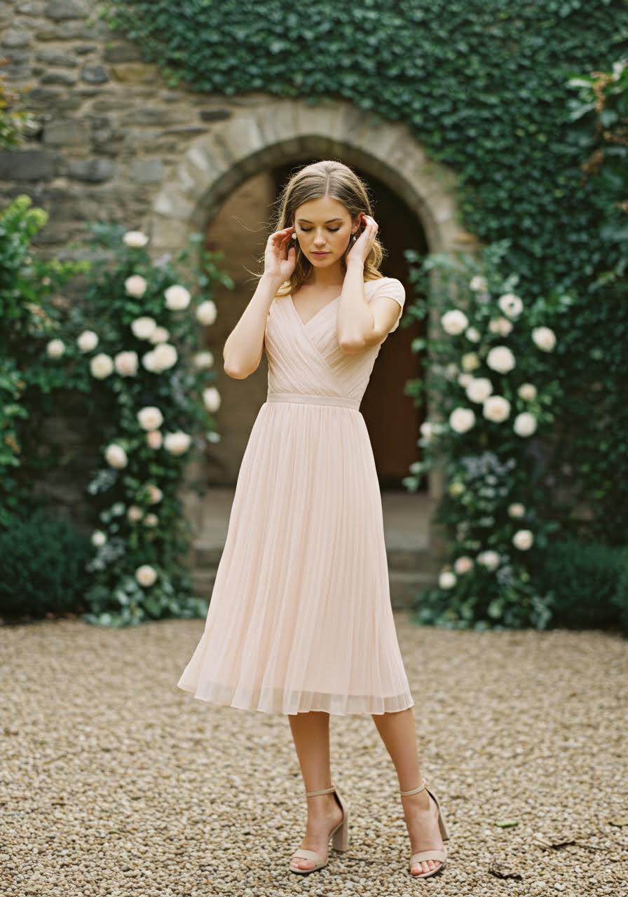 Portrait highlighting pleated dress details and sophisticated hair styling