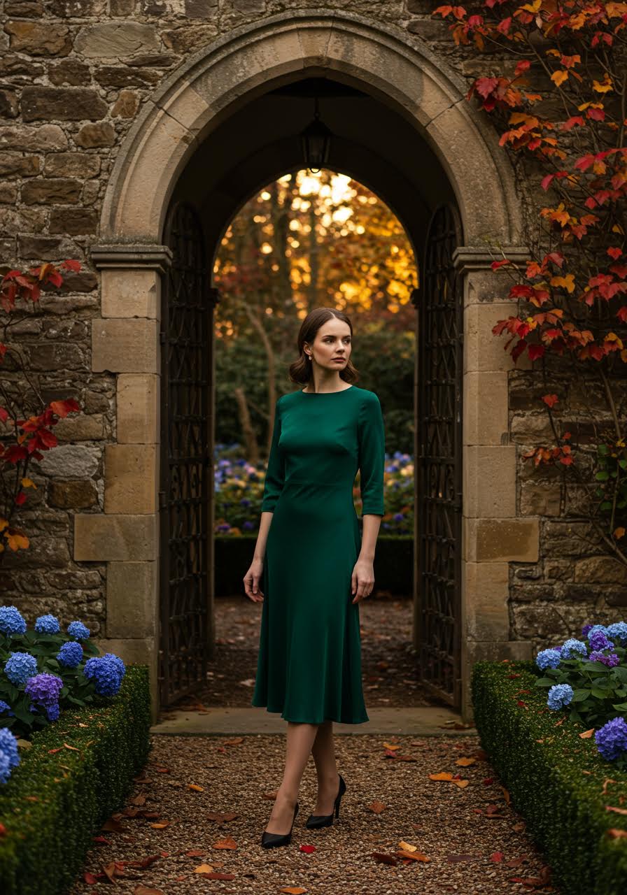 Sophisticated woman in emerald silk dress posing in stone garden courtyard setting