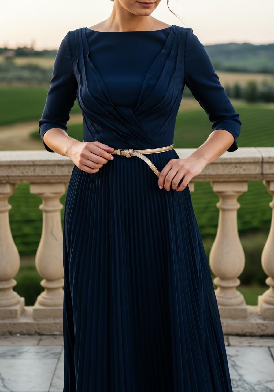 Detail shot of navy pleated dress with belt adjustment at vineyard venue