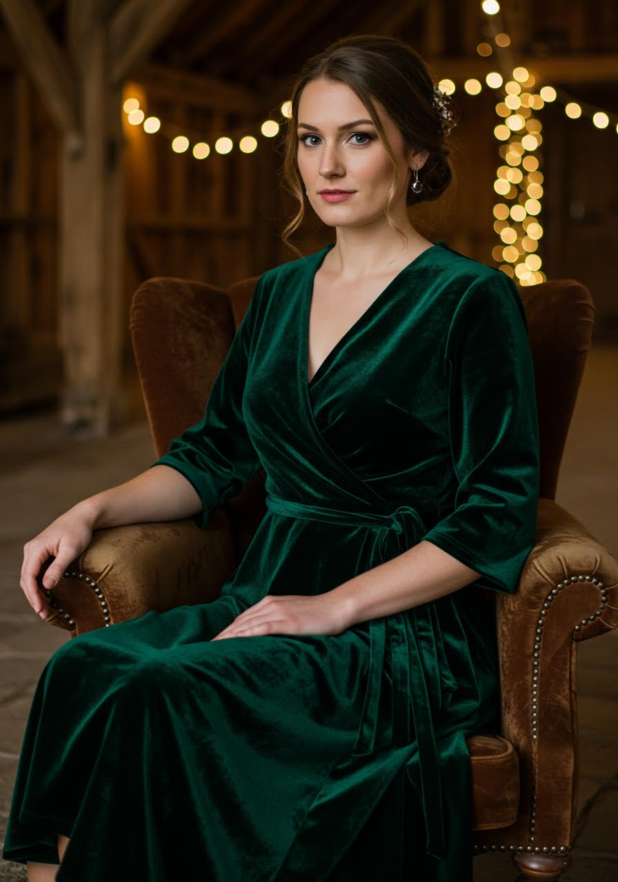 Woman in emerald velvet dress seated on vintage chair at rustic barn wedding venue
