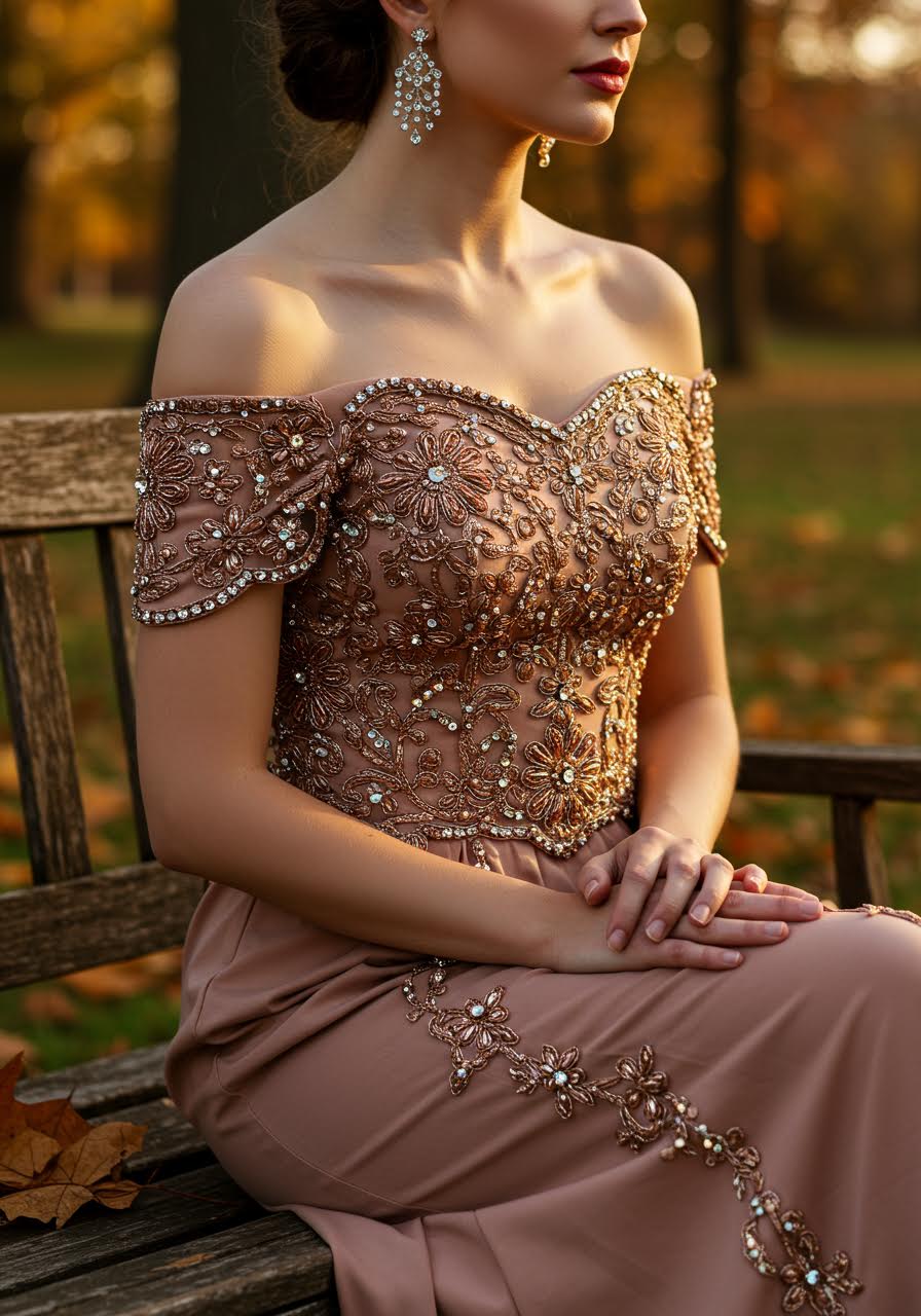 Elegant woman in embellished off-shoulder dress seated on garden bench among autumn foliage