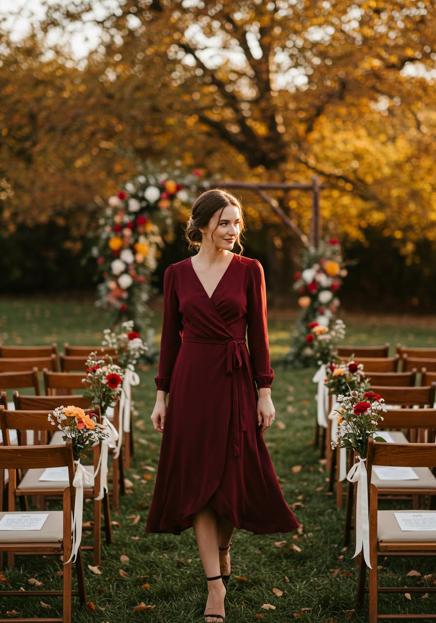 Wedding guest in burgundy wrap dress walking between ceremony chairs