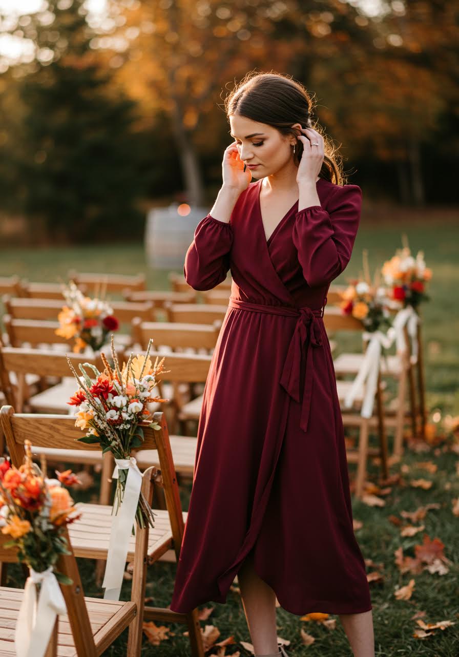 Close-up portrait showing hair styling with burgundy wrap dress details