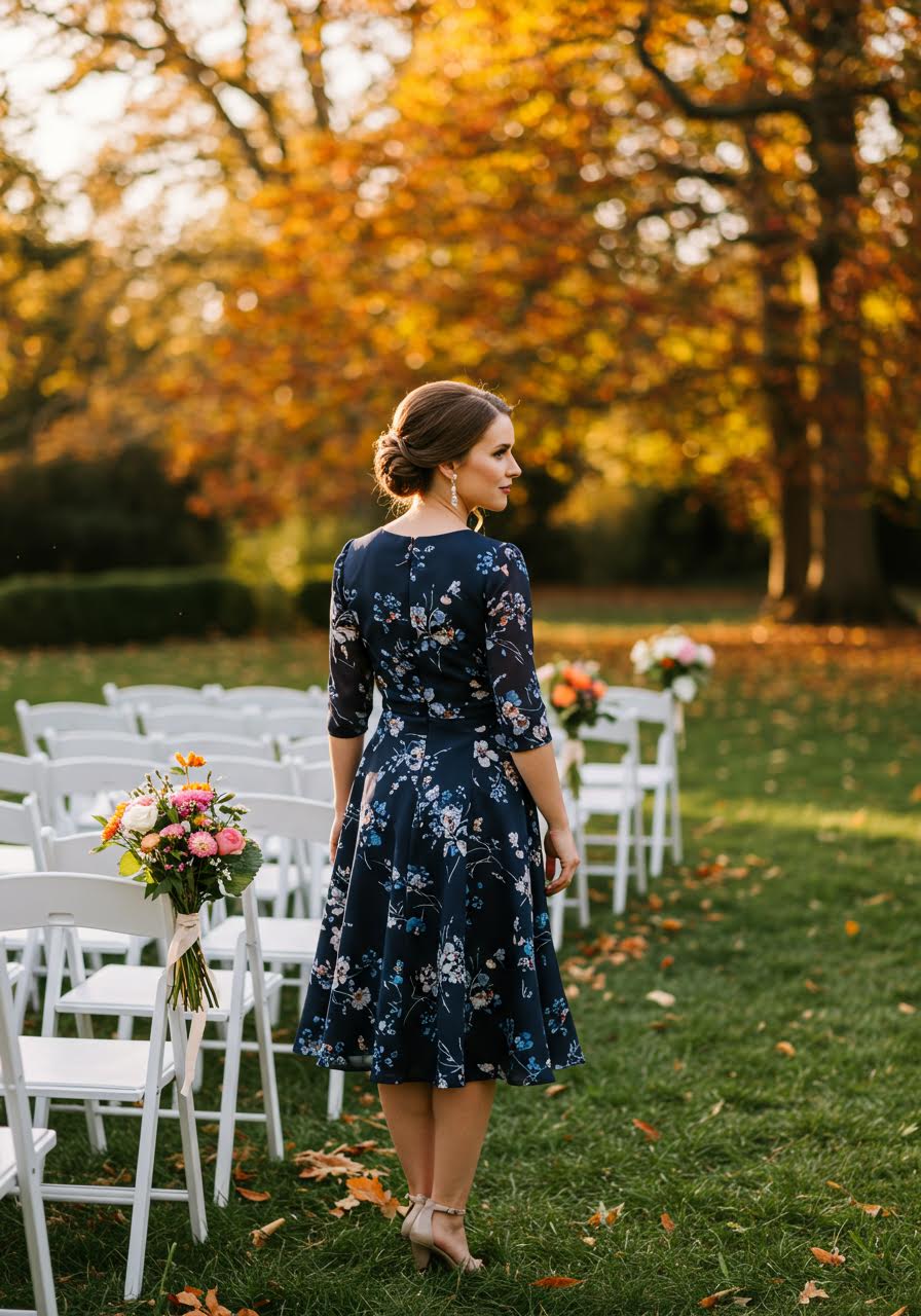 Wedding guest in navy blue fit and flare dress seated among garden ceremony chairs