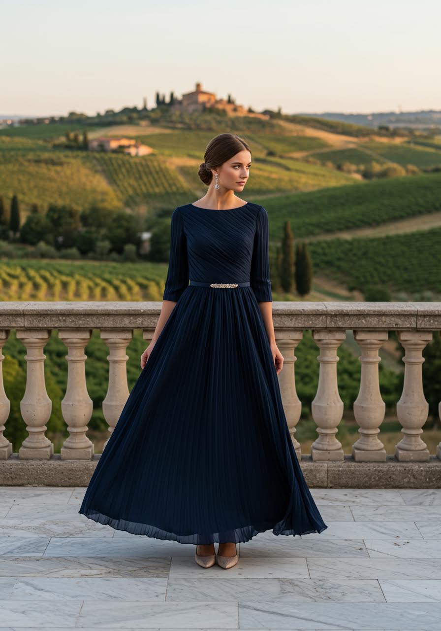 Wedding guest in navy blue pleated A-line dress on vineyard terrace overlooking vines