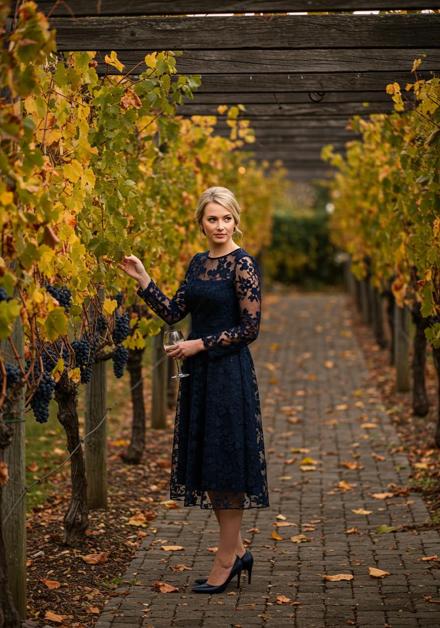 Woman pausing to admire vineyard views wearing navy embroidered long sleeve dress