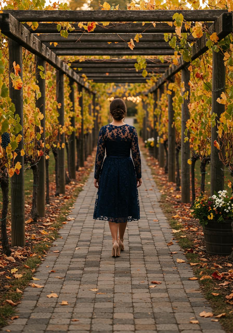 Elegant guest walking through vineyard in navy embroidered long sleeve dress