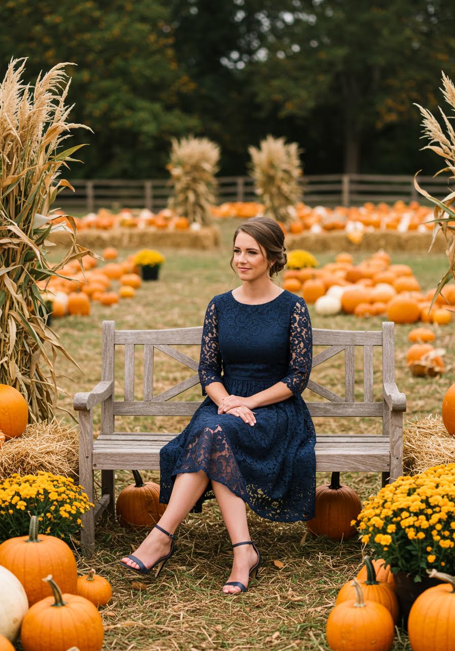 Wide shot of wedding guest in navy lace dress exploring pumpkin patch setting
