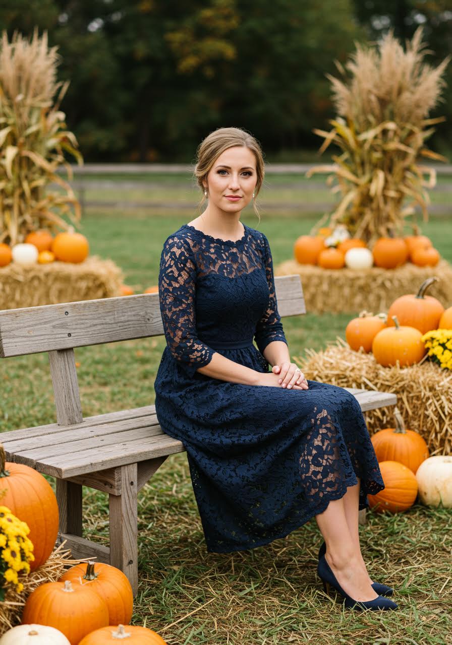 Woman in navy lace dress seated on bench among autumn pumpkin display