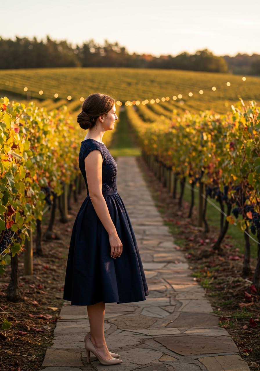 Close-up portrait of wedding guest in navy A-line dress among vineyard vines