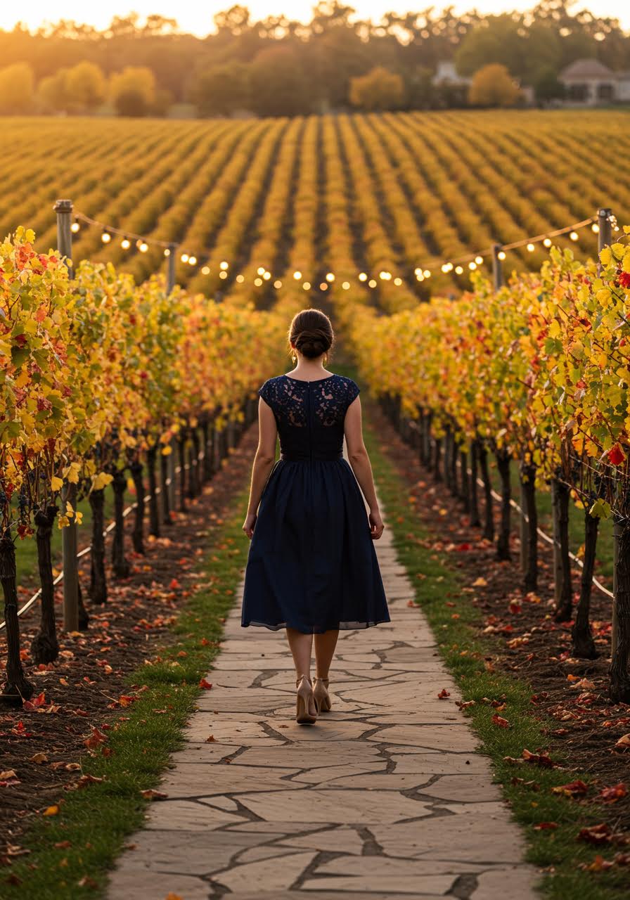 Woman walking through vineyard rows wearing navy A-line midi dress during golden hour