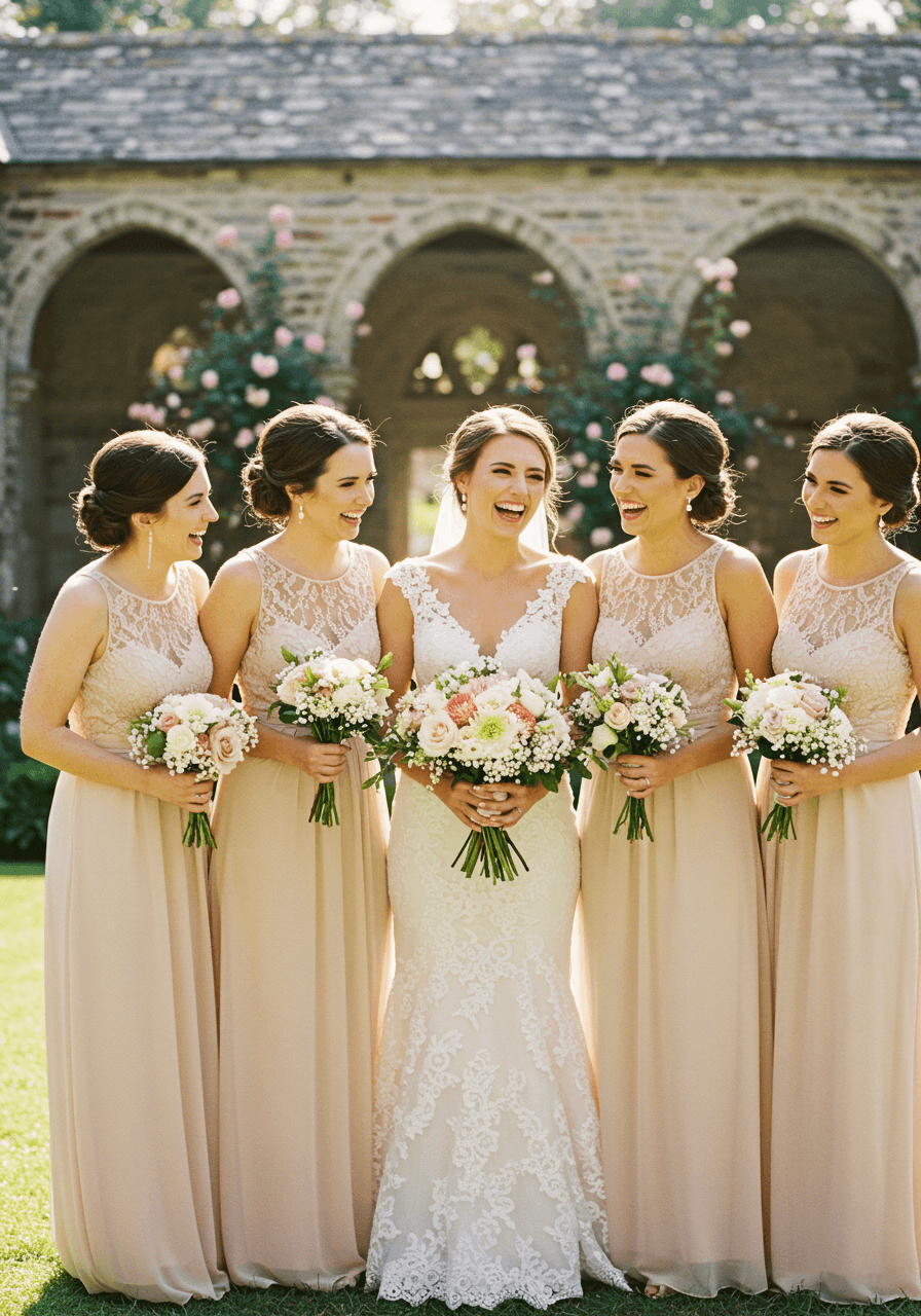 Bride surrounded by three bridesmaids in champagne lace detail chiffon gowns sharing genuine laugh in sunlit garden