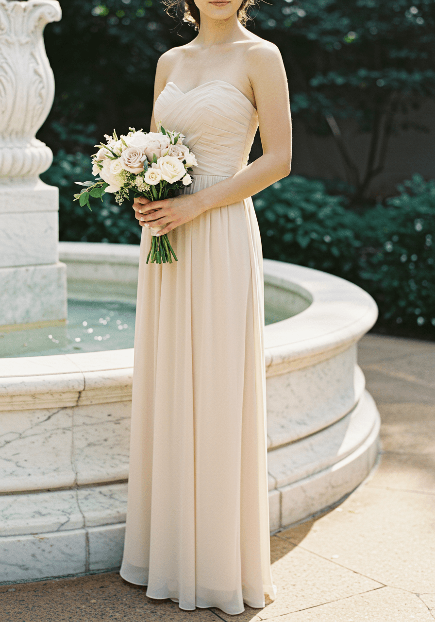 Bridesmaid in strapless champagne chiffon dress with vertical pleating beside marble fountain