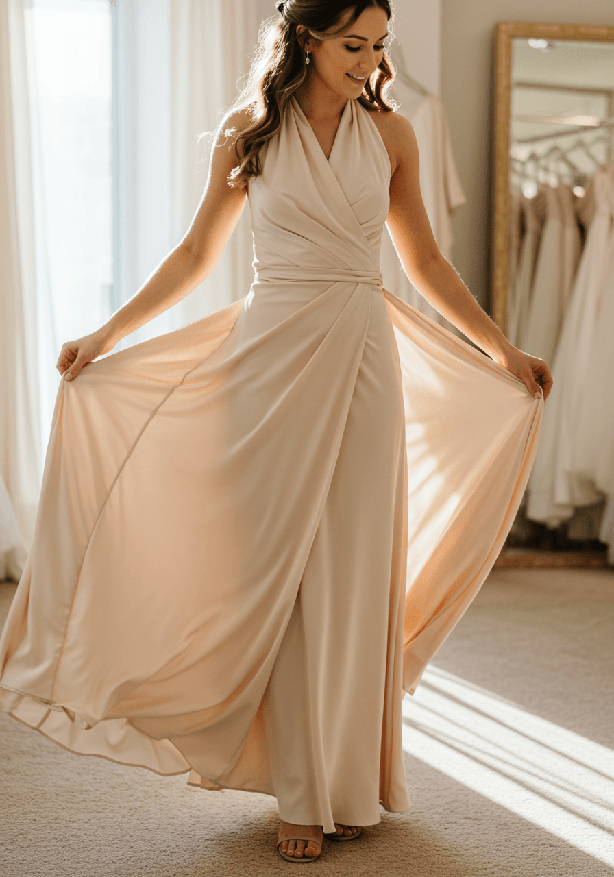 Bridesmaid demonstrating champagne convertible dress transformation from halter to one-shoulder style in sunlit boutique