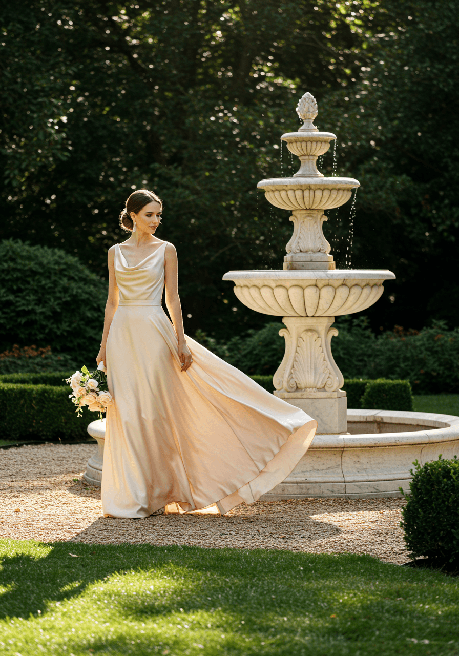Bridesmaid in sophisticated champagne satin empire waist gown beside marble fountain in estate garden