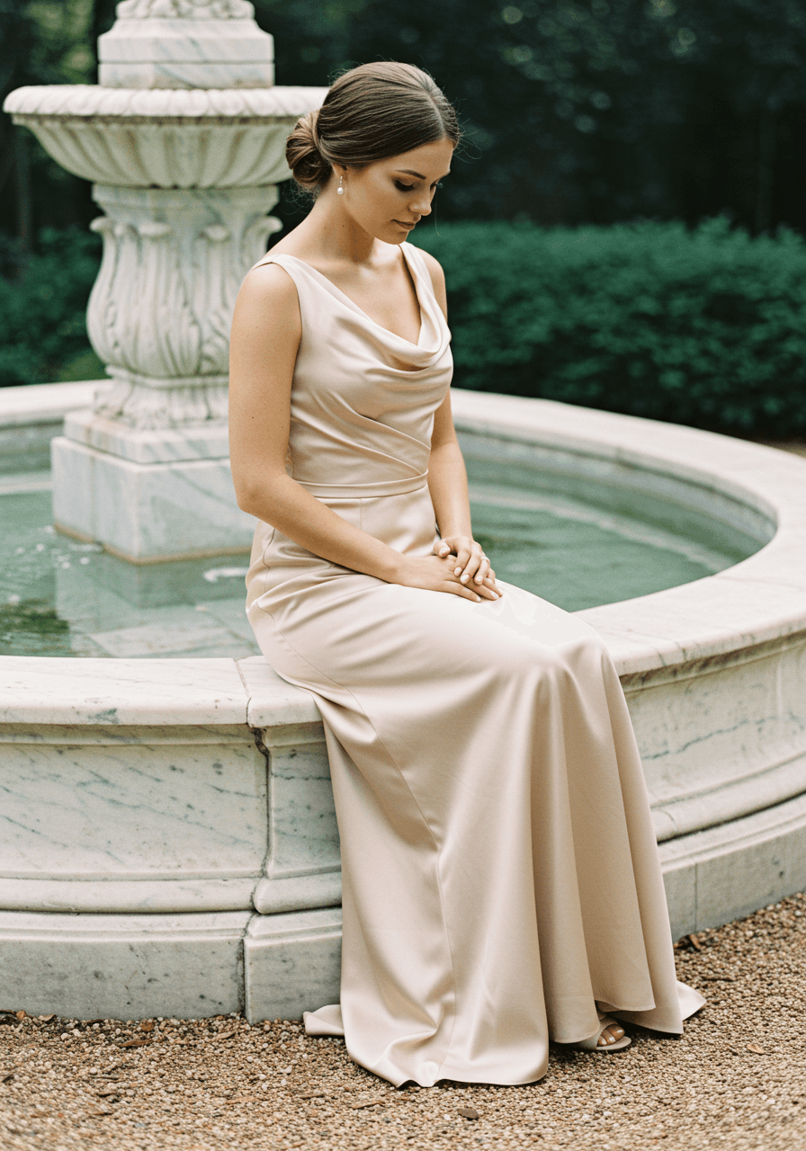 Bridesmaid in champagne empire waist dress sitting gracefully near fountain in manicured garden