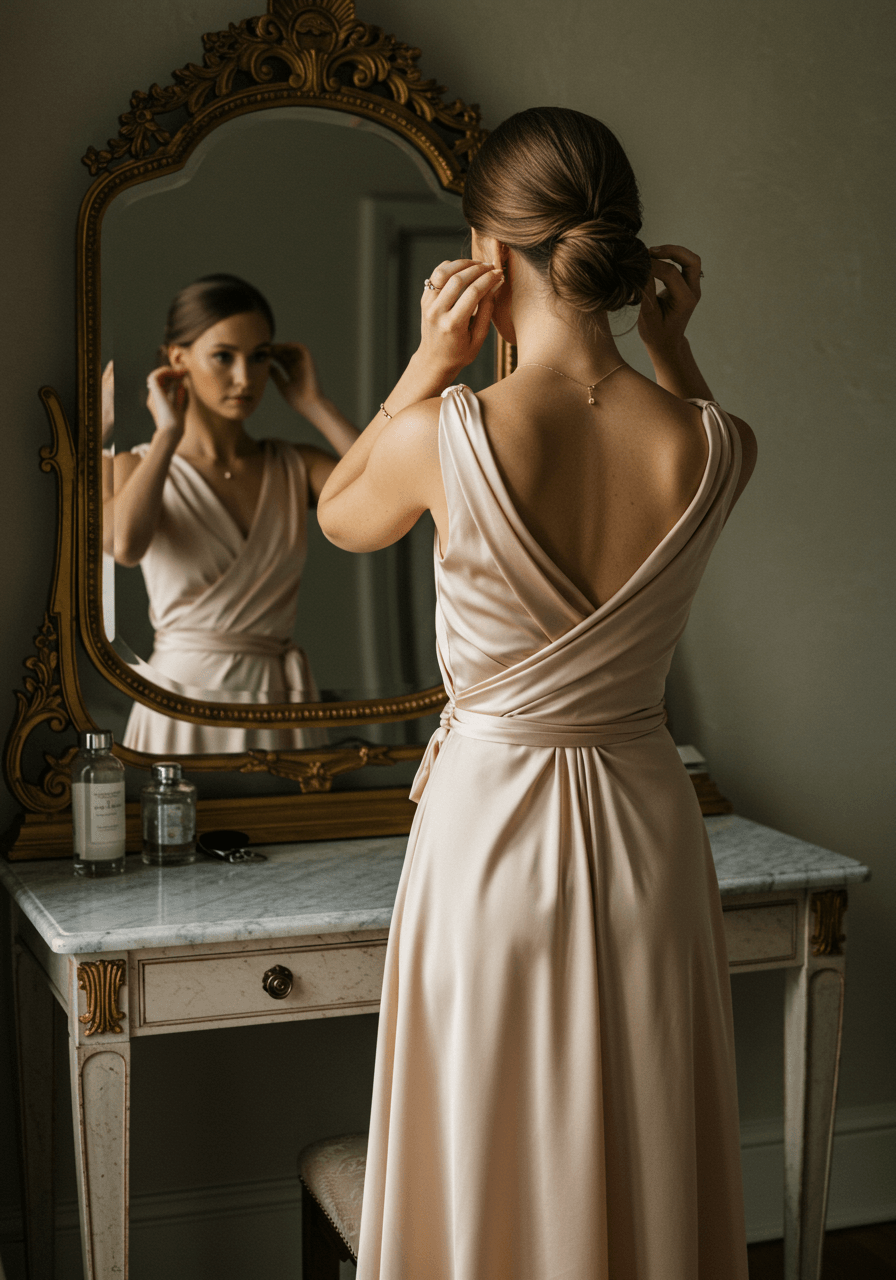 Bridesmaid in elegant champagne satin wrap-style dress adjusting hair at vintage vanity mirror