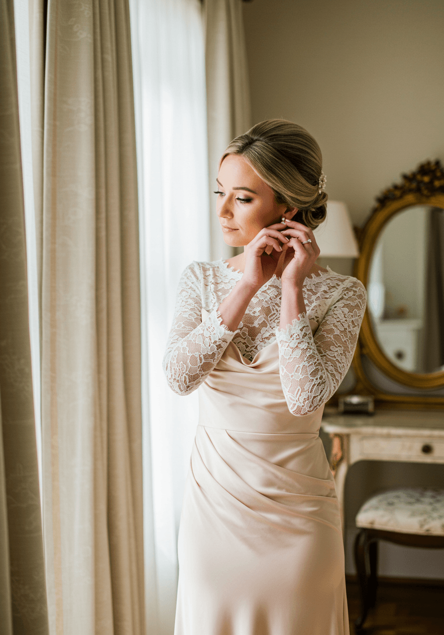 Bridesmaid in elegant champagne satin gown with Chantilly lace sleeves adjusting pearl earring