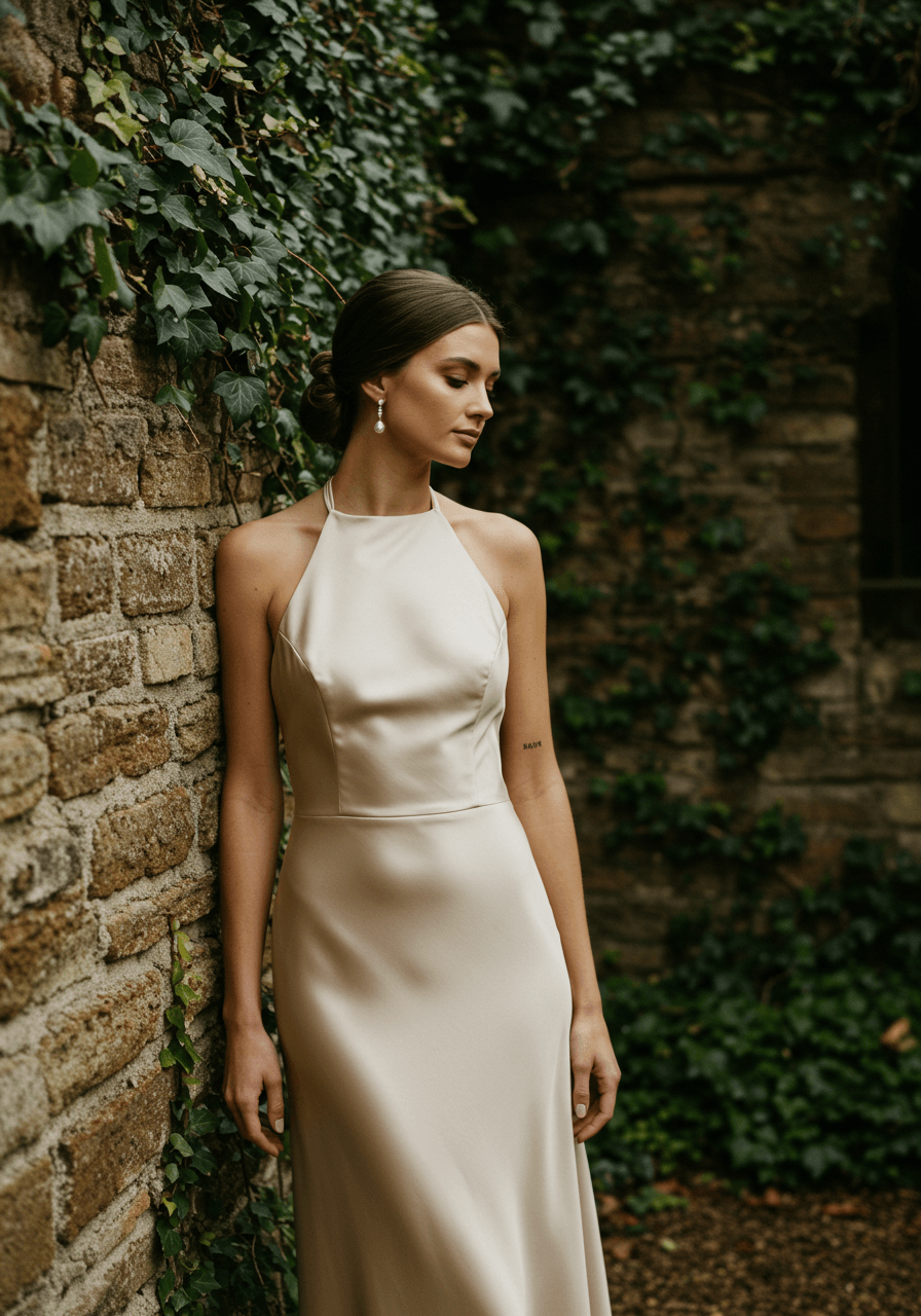 Bridesmaid in sleek champagne satin halter neck gown against ivy-covered stone walls in garden