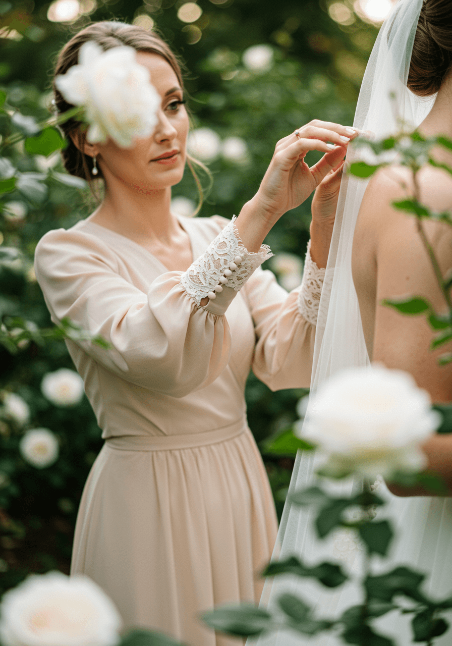 Bridesmaid in long-sleeved champagne chiffon dress with delicate lace cuffs beside bride in outdoor garden