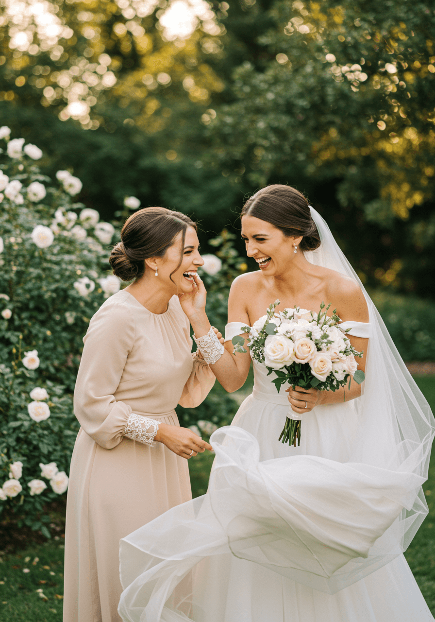 Bridesmaids in long-sleeved champagne dresses sharing laugh with bride in garden setting