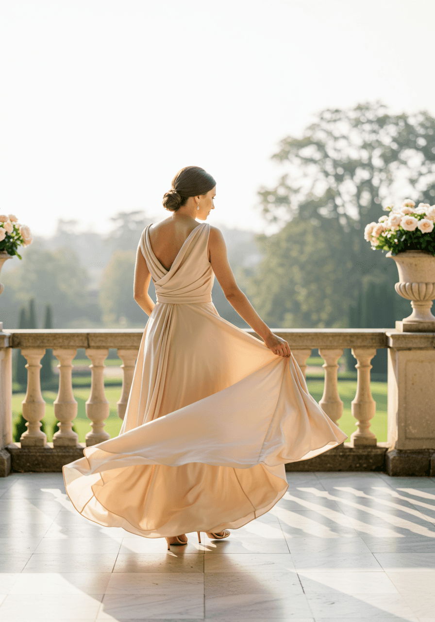 Bridesmaid in A-line champagne dress with cascading drape detailing twirling on marble terrace