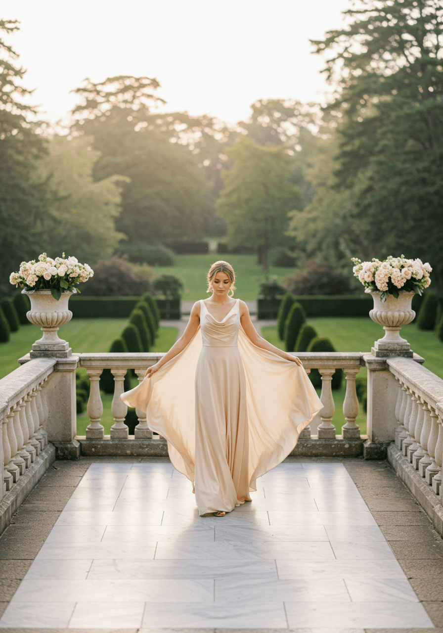 Wide angle shot of bridesmaid twirling in draped champagne dress on classical stone terrace