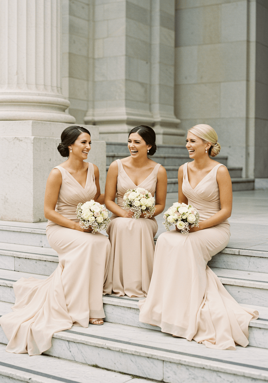Three bridesmaids in champagne mermaid cut dresses sharing candid laugh on marble steps of classical venue