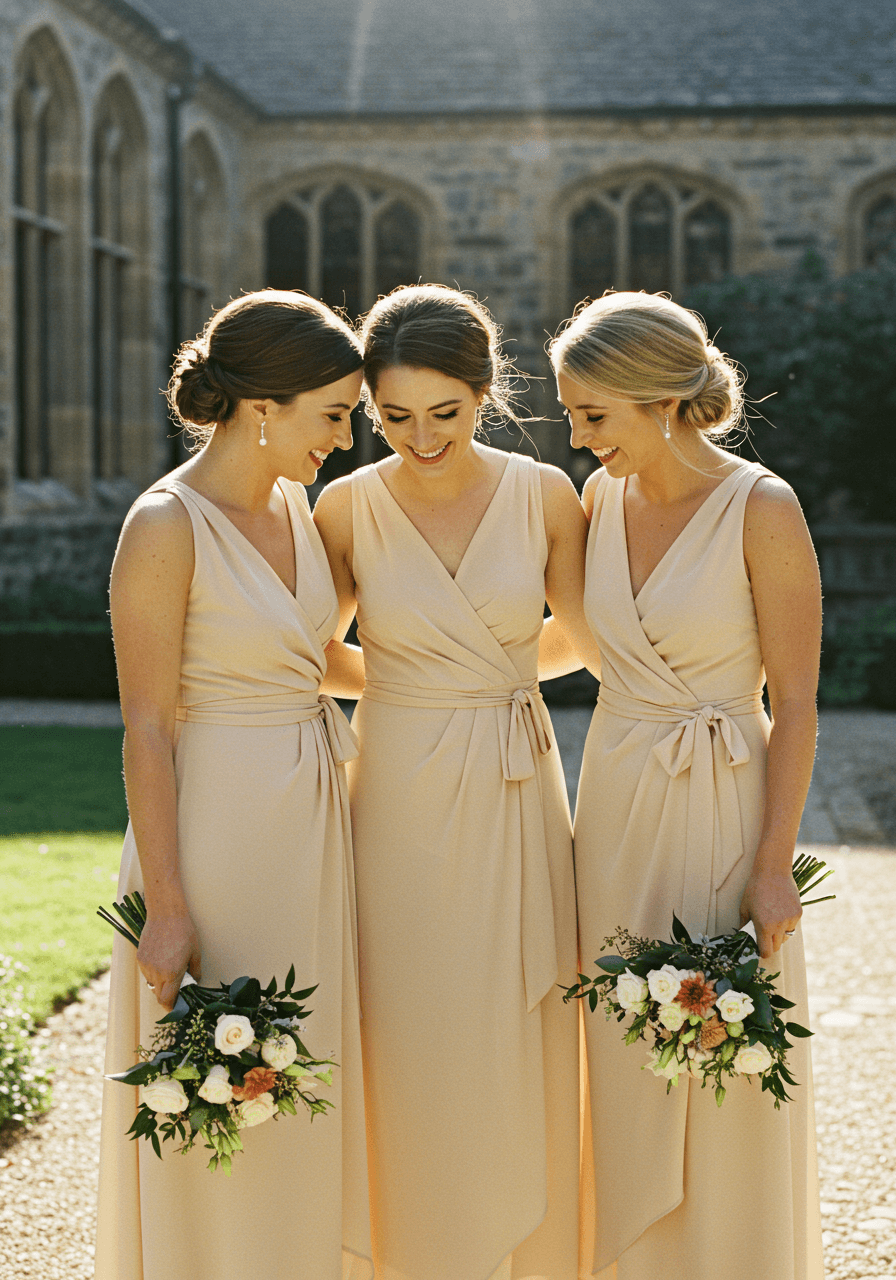 Two bridesmaids in champagne wrap dresses sharing intimate moment in garden setting