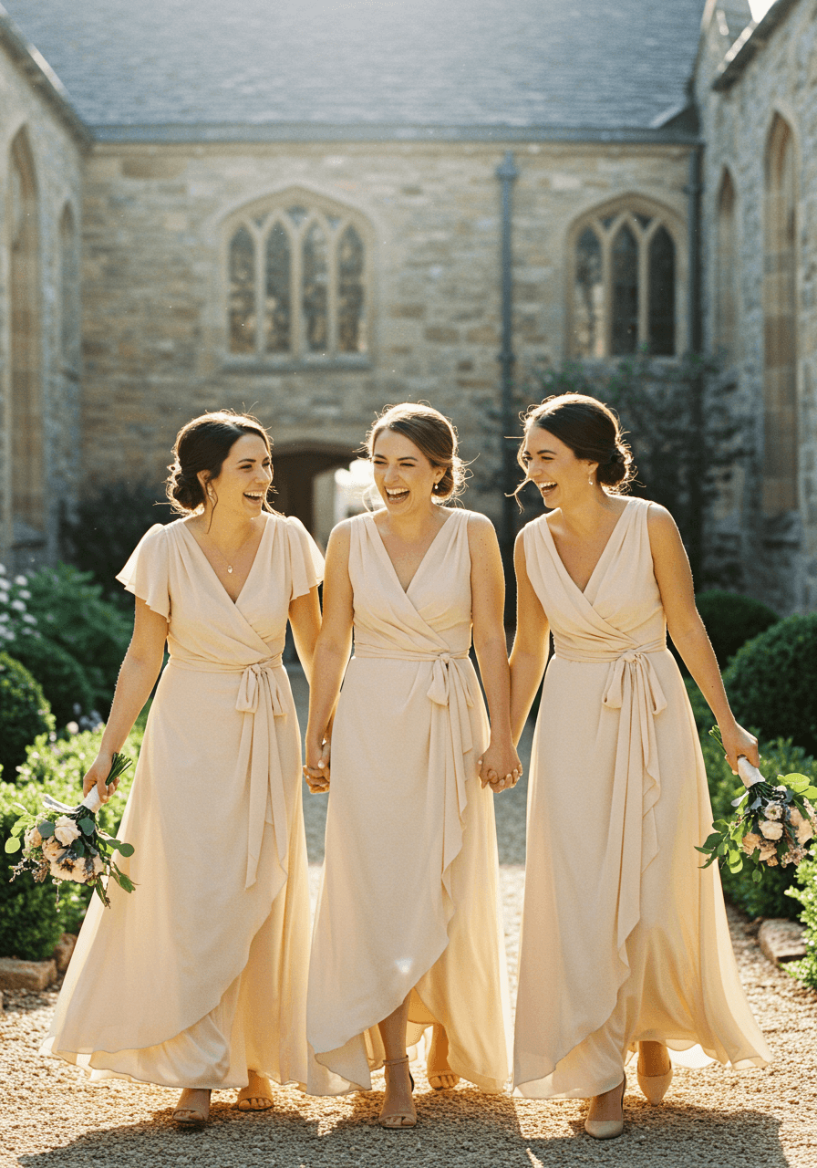 Three bridesmaids wearing flowing champagne wrap-style chiffon dresses laughing in sunlit garden courtyard