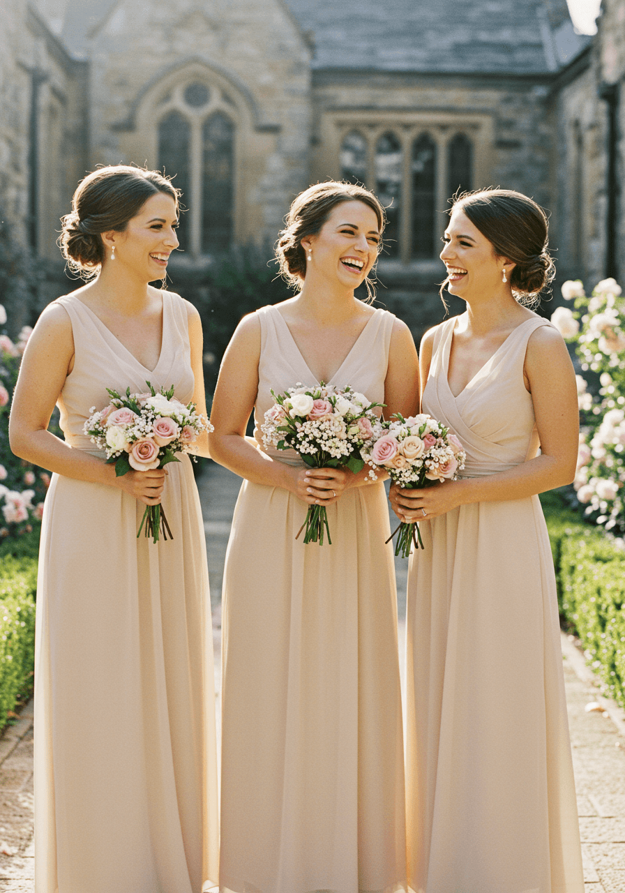 Three bridesmaids wearing flowing champagne chiffon v-neck dresses sharing laugh in sunlit garden courtyard