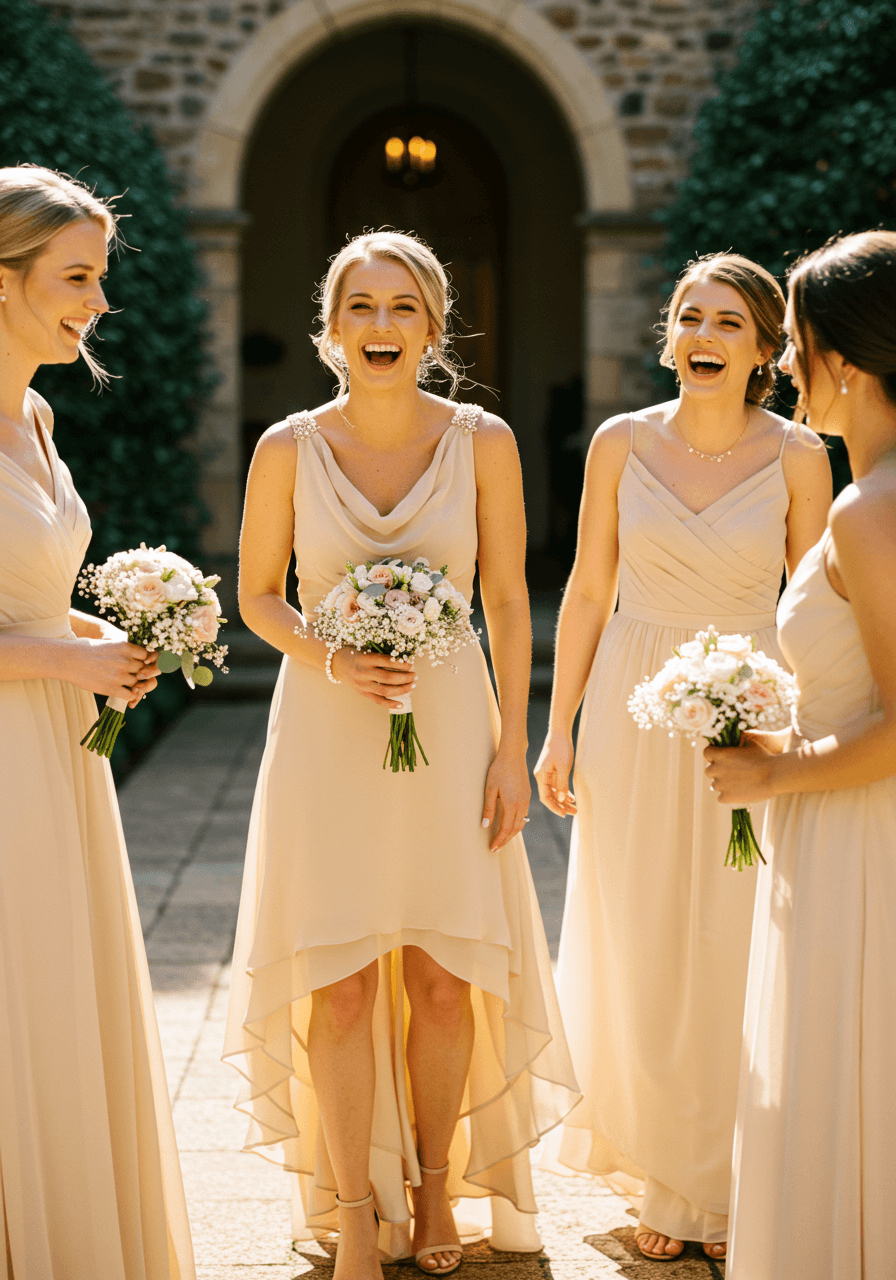 Close-up of champagne high-low hemline dress showing asymmetrical cut and flowing movement